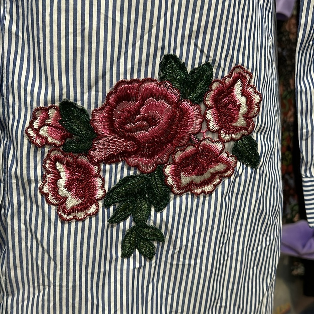 Striped Embroidered Button-down Blouse Tunic Dresa - Picture 6 of 10